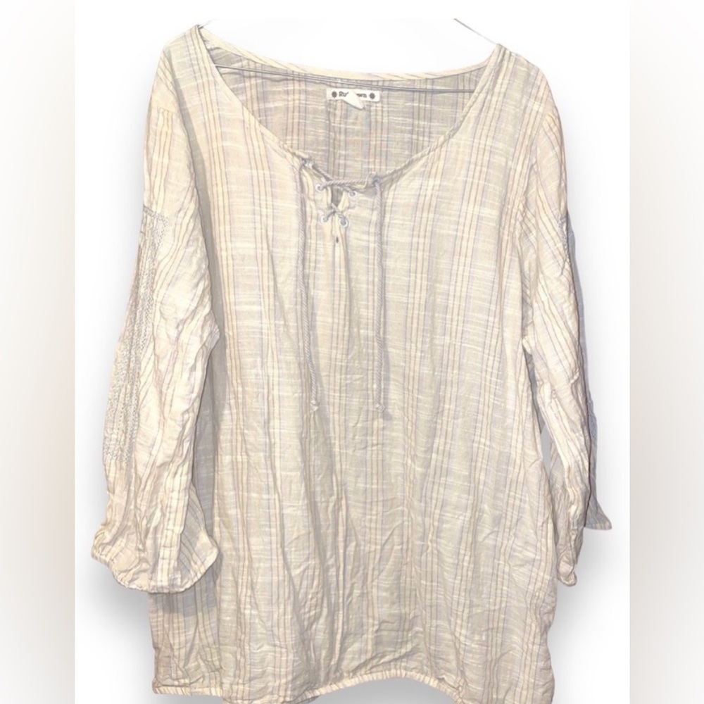 Ruff Hewn Embroidered 2X 100% Cotton Womens cream Top laced neck embroidered 3/4